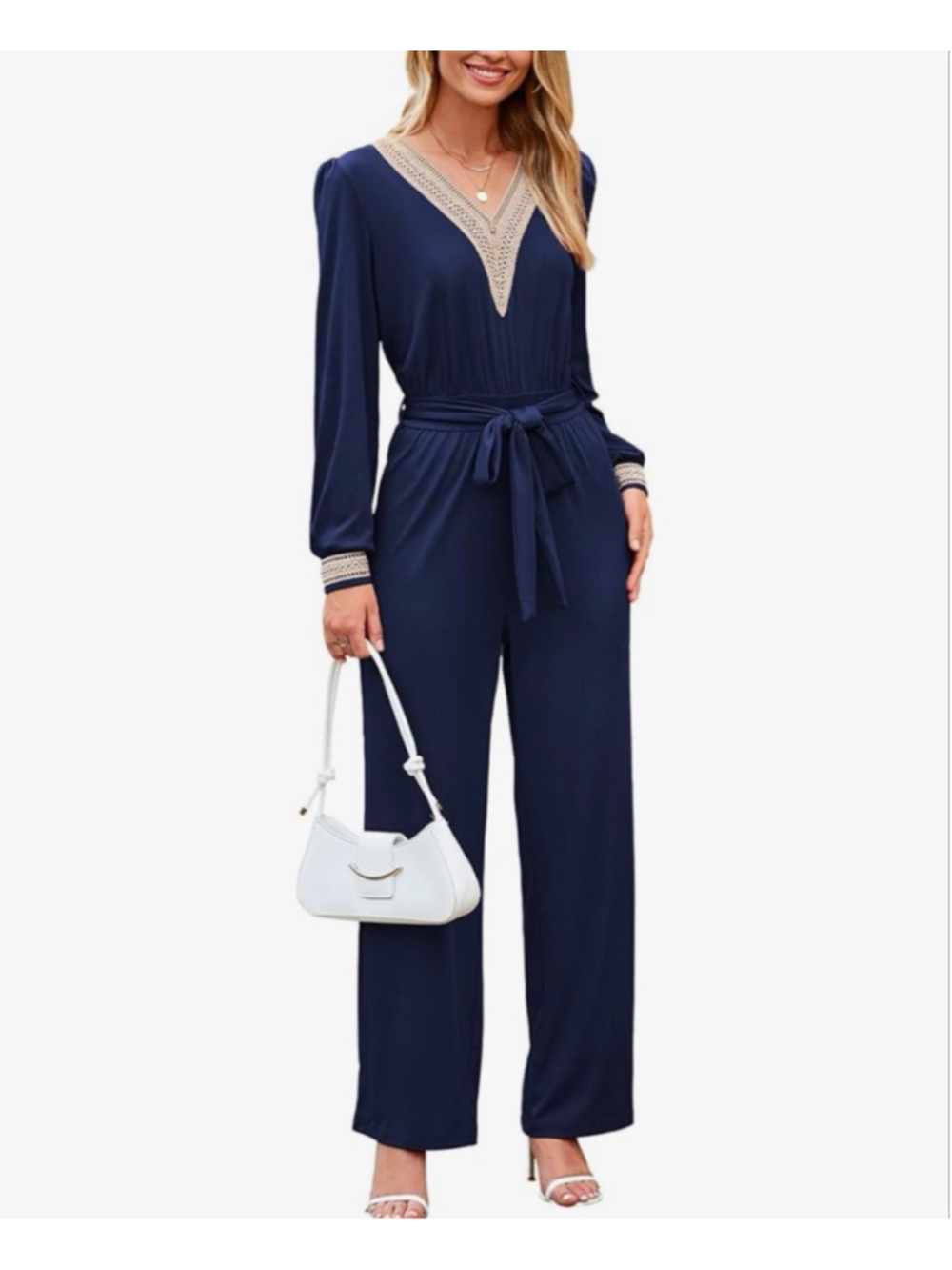 NEW Dressy Lace V Neck Long Sleeve Wide Leg Belted Jumpsuit XL